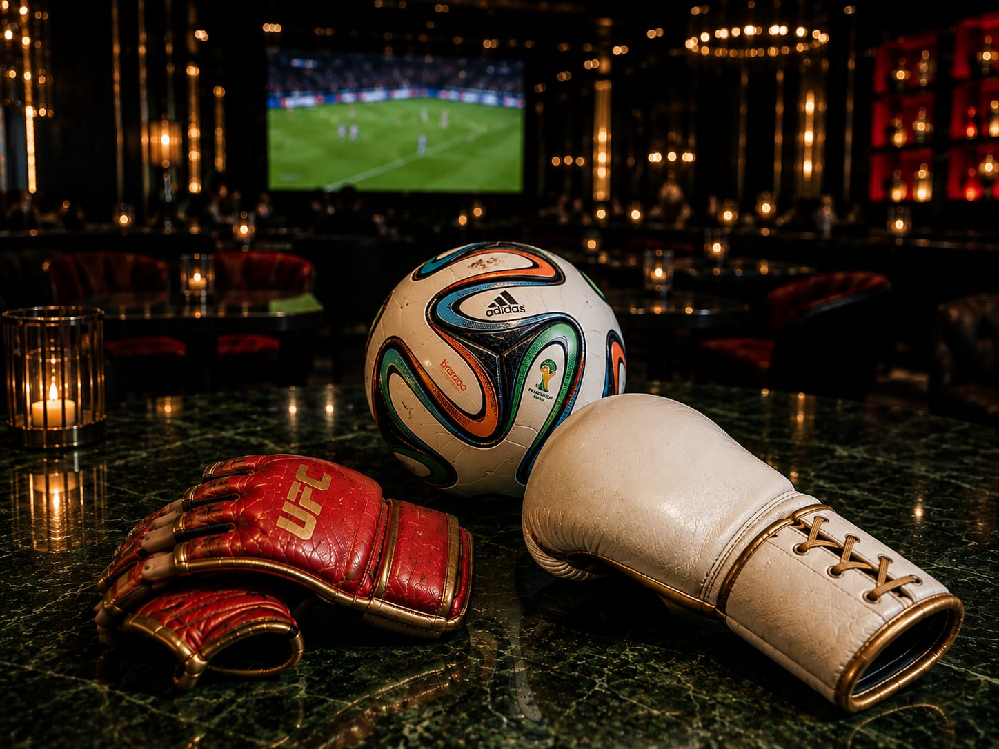 Where to watch UFC, boxing and football in Dubai — MMA gloves, a boxing glove and a football on a table at OCCO with the match on the big screen behind